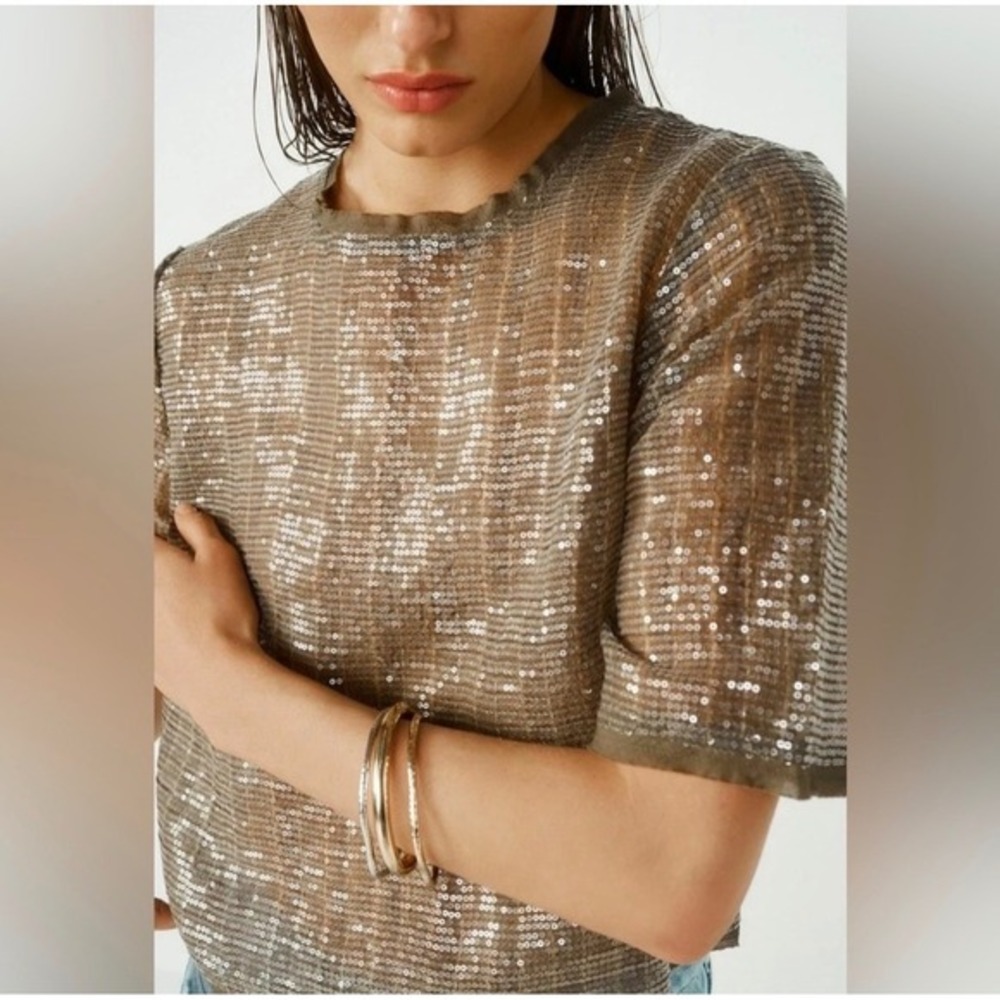 NWT NEXT Olive Green Sequin Tee Short Sleeve Boxy Party Top Size 10